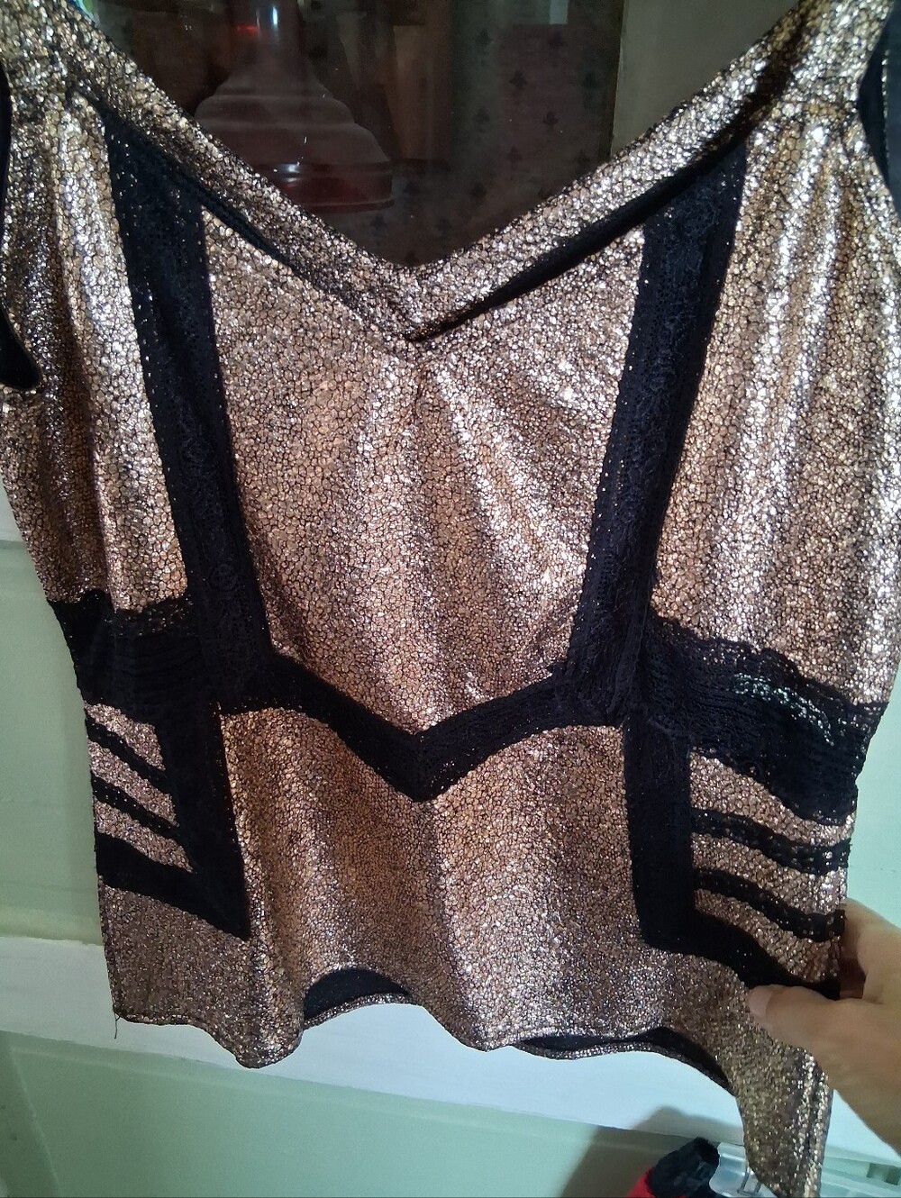 Womens Metallic Gold Lace-Trim V-Neck Top